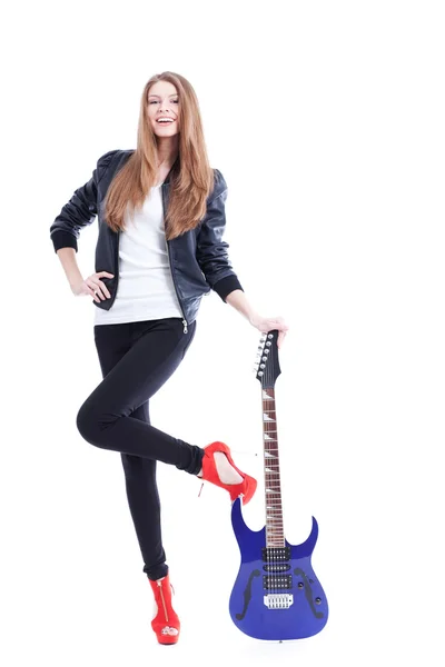 Młoda kobieta piękne pokojowe – gitara elektryczna — Zdjęcie stockowe
