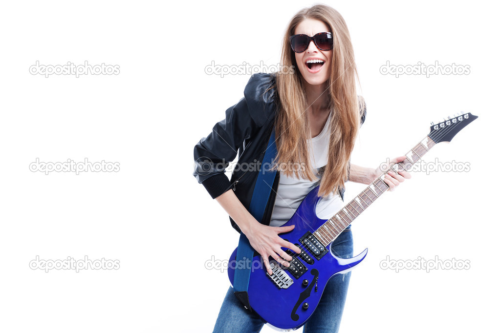 young beautiful woman whith electric guitar