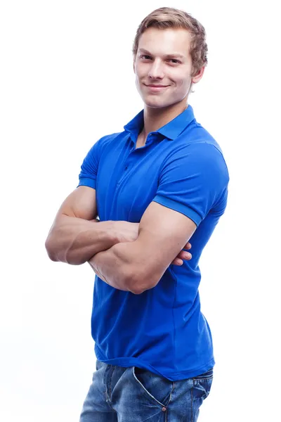 Portrét mladý pohledný muž nosí modré tričko — Stock fotografie
