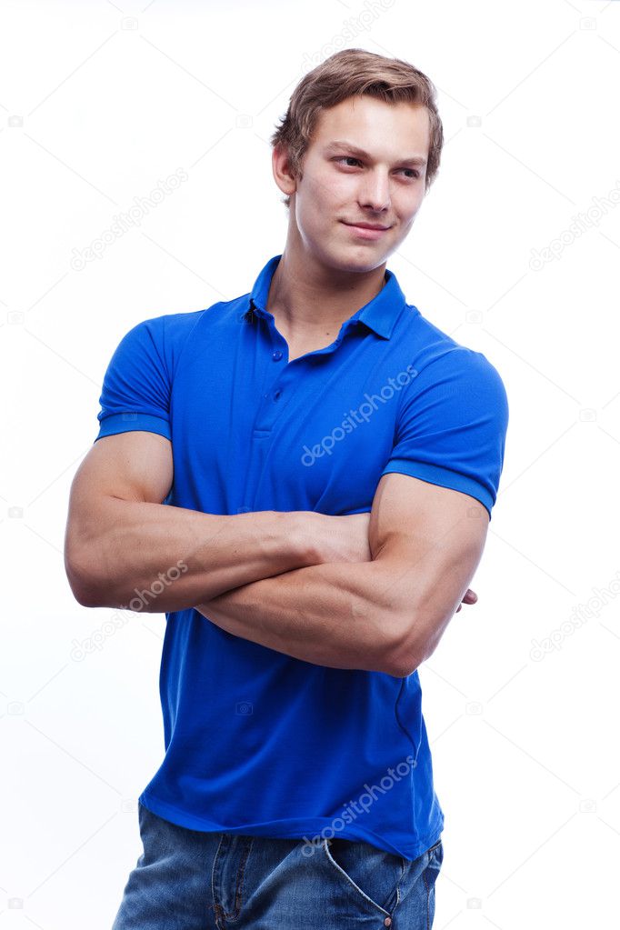 Portrait of a young handsome man wearing blue t-short
