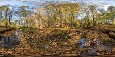Sonbahar ormanı eşdikdörtgen küresel projeksiyonunda ağaçlarla kaplı vadide, dağ deresi yakınlarında tam dikişsiz hdri 360 panorama. VR AR sanal gerçeklik içeriğine hazır