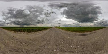 360 seamless hdri panorama view on gravel road before storm with overcast sky and dark cloud in equirectangular spherical projection, ready AR VR virtual reality content clipart