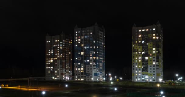 Night Time Lapse Light Windows Multistory Buildings Life Big City — Stock Video