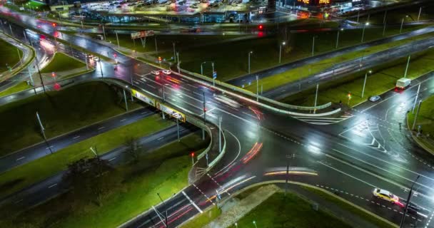 Lapso Tempo Noite Rotunda Estrada Com Carros Com Faróis Estrada — Vídeo de Stock