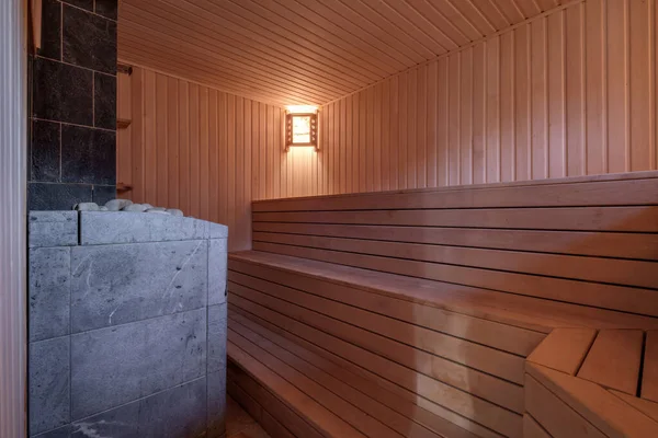 Grande Design Padrão Clássico Madeira Banho Russo Sauna Interior Com — Fotografia de Stock