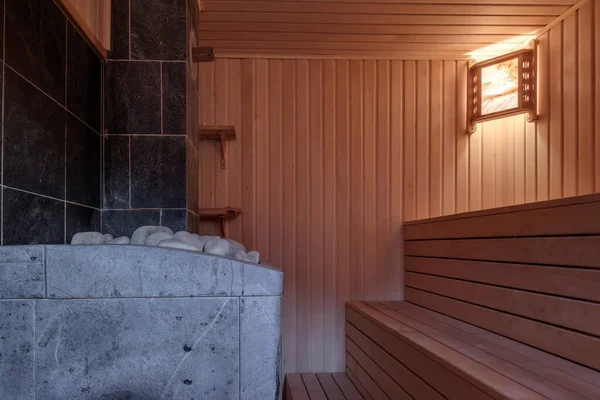 Grande Design Padrão Clássico Madeira Banho Russo Sauna Interior Com — Fotografia de Stock