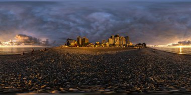 BATUMI, GEORGIA - ECTOBER 2021: 360 Dipsiz hdri panorama görüntüsü deniz kıyısı ya da okyanus üzerinde gün batımında gökdelenler eşkenar dörtgen küresel projeksiyon, AR VR sanal gerçeklik içeriği