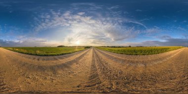 Yaz akşamı tarlalar arasında çakıl yolu üzerindeki küresel hdri 360 panorama. Dikdörtgen şeklinde mükemmel bulutlar, sanal gerçeklik için hazır.