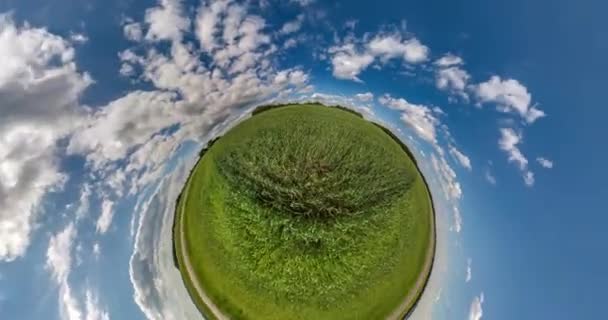 Yeşil Kürenin Soyut Spiral Dönüşü Bulutlarla Mavi Gökyüzünde Dönüyor Küçük — Stok video