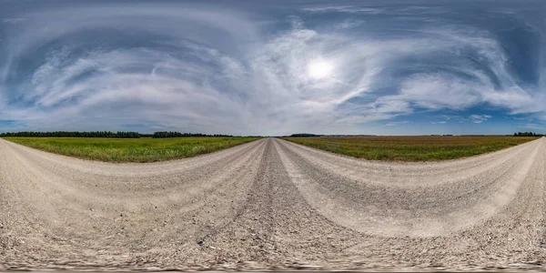 360 Hdri Панорама Руху Білого Піску Гравійної Дороги Серед Полів — стокове фото