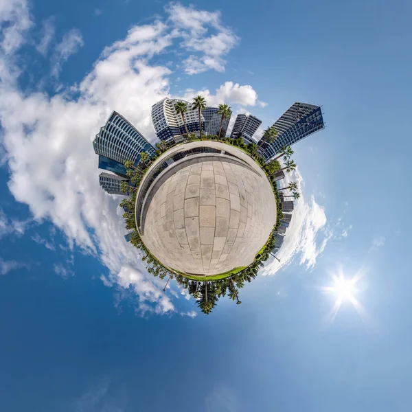 Tiny Planet Blue Sky Clouds City Center Modern Skyscrapers Office — Stock Photo, Image