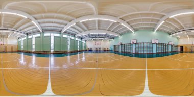  Tamamen pürüzsüz küresel hdr panorama 360 derece açıyla boş spor salonunda jimnastik salonu basketbol sahası eşdörtgen projeksiyonlu, AR VR içeriği