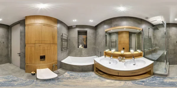 舒适的360赫德里全景 在昂贵的浴室的内部 在现代公寓与Bidet和洗脸盆在等长方形投影与天顶和地底 Ar内容 — 图库照片
