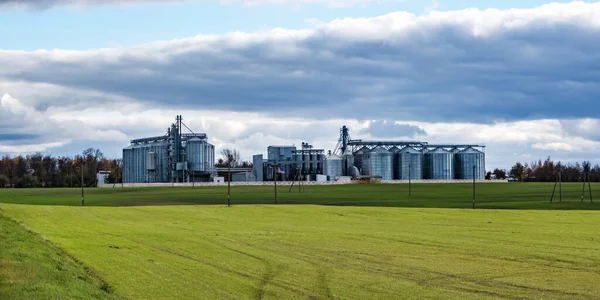 Agrar Silos Und Moderner Getreidespeicher Aufzug Silbersilos Auf Einer Landwirtschaftlichen — Stockfoto