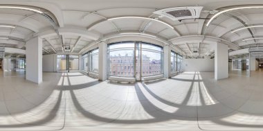 Empty room with repair. full seamless spherical hdri panorama 360 degrees in interior of white room for office or store with huge panoramic windows in equirectangular projection