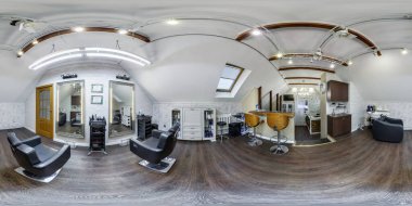 MINSK, BELARUS - APRIL, 2021: full seamless hdr 360 panorama in interior prestige modern beauty spa studio salon or barbershop in equirectangular spherical projection for vr ar content