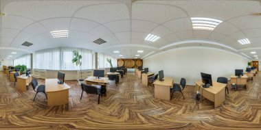 MINSK, BELARUS - JANUARY 2021: hdr 360 panorama interior modern classroom, library or conference hall with computers in full spherical 360 by 180 degrees equirectangular projection. VR content clipart