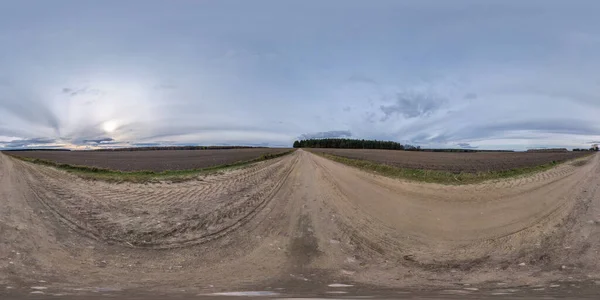 360 Hdr Panorama Traffic Yellow Sand Gravel Road Fields Overcast — Zdjęcie stockowe