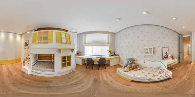 MINSK, BELARUS - Mayıs 2021: tamamen kusursuz hdr panorama 360 manzaralı daire içi parlak çocuk odası, aynı dikdörtgen projeksiyonlu ranza. VR içeriği