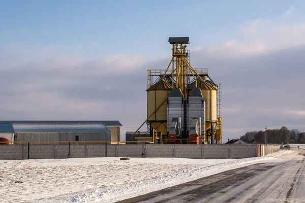 雪原の冬の日の農業サイロの大エレベーターです 農産物 小麦粉 穀物及び穀物の乾燥洗浄及び保管を処理するための農業加工工場のサイロ — ストック写真