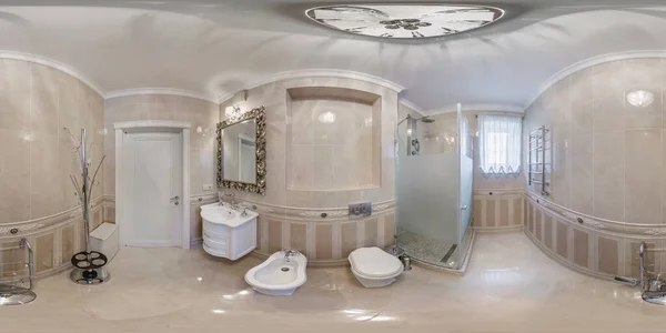 Biała Bezszwowa Panorama 360 Hdr Wnętrzu Drogiej Łazienki Nowoczesnych Apartamentach — Zdjęcie stockowe