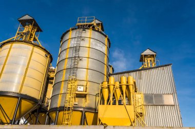 Tarım ambarı ambar asansörü kış günü karlı arazide. Tarımsal ürünlerin, unun, mısır gevreğinin ve tahılın kurutma ve depolama işlemleri için tarım üretim tesisinde silolar. 