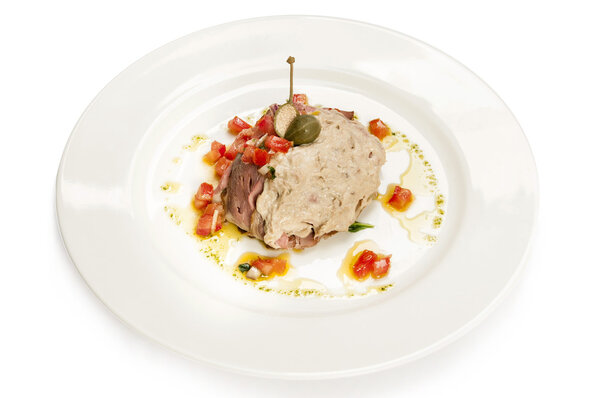 Italian meal. vitello tonnato, veal with tuna and capers