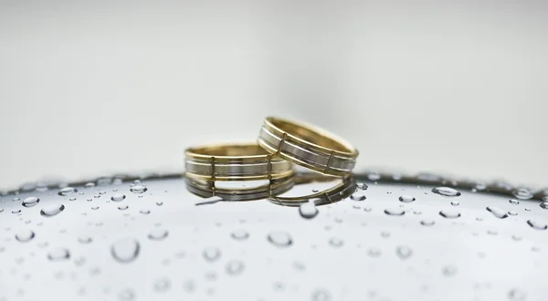 Золотые кольца на хромированной поверхности с капельками воды . — стоковое фото
