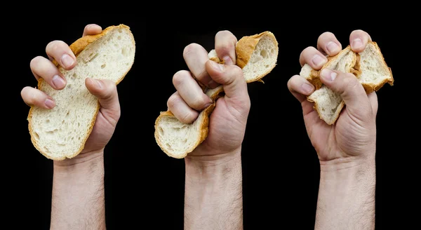 Conceito de dieta. Foto Fase uma mão esmigalha uma fatia de pão . — Fotografia de Stock