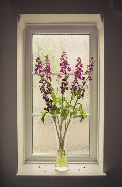 A bunch of old pink flowers in a glass vase near the window — Stock Photo, Image