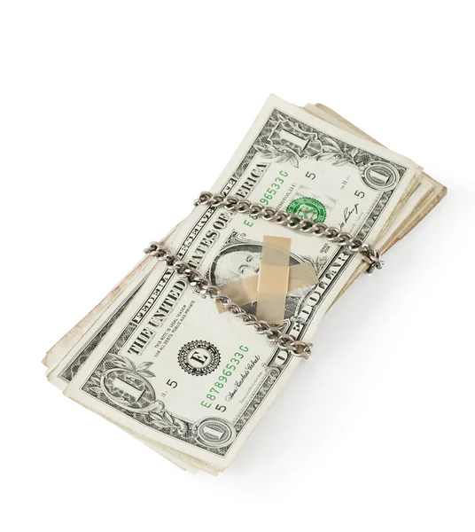 Silent dollar. Financial concept of a chained bill with two plas — Stock Photo, Image