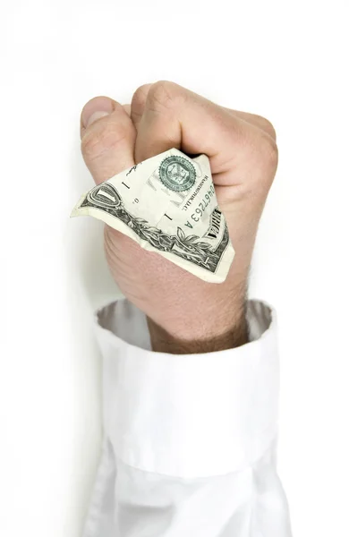 Biznes człowiek ręki trzymającej pognieciony jednego dolara. — Zdjęcie stockowe