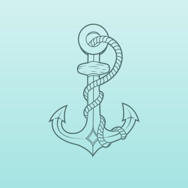 Nautical Anchor with rope isolated on green background. Green outlines. Vector Illustration clipart