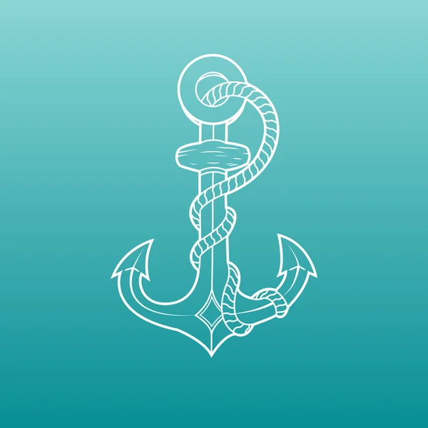 Nautical Anchor with rope isolated on green background. White outlines. Vector Illustration — Stock Vector