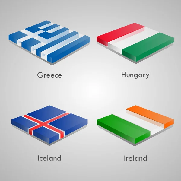 Glänzende webglänzende Ziegelsteine mit europäischen Länderflaggen. Vektorillustration. Griechenland, Ungarn, Island, Irland — Stockvektor