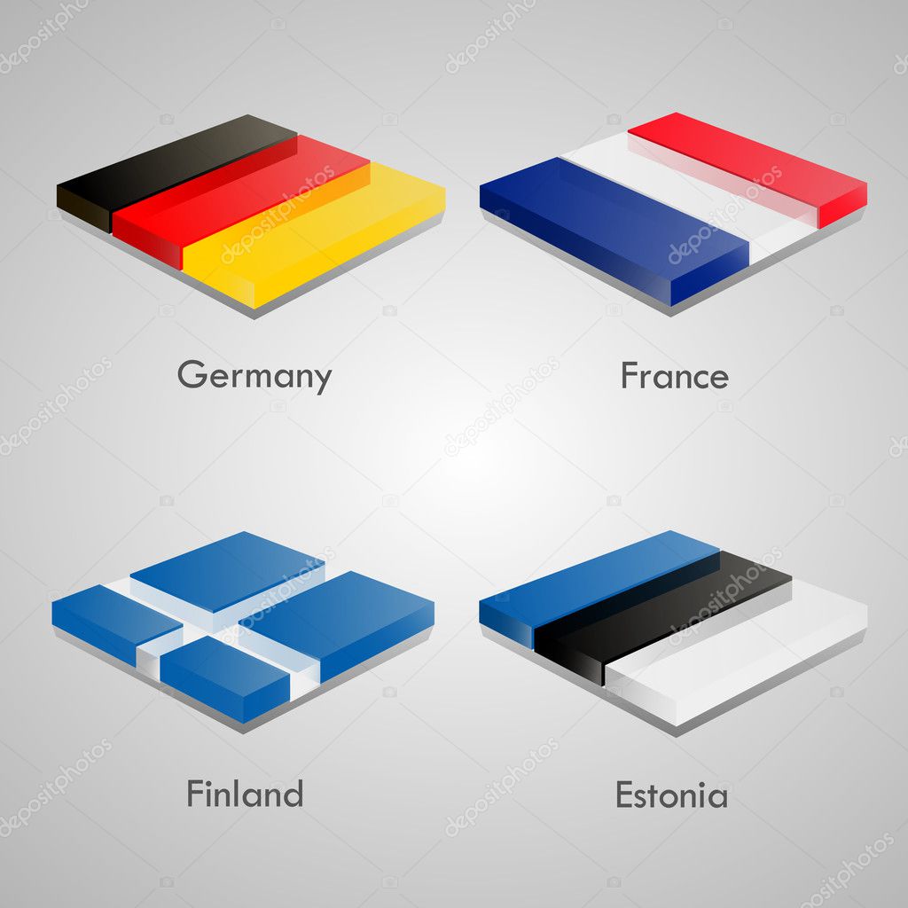 Shiny web glossy bricks buttons with european country flags. Vector Illustration. Germany, France, Finland, Estonia