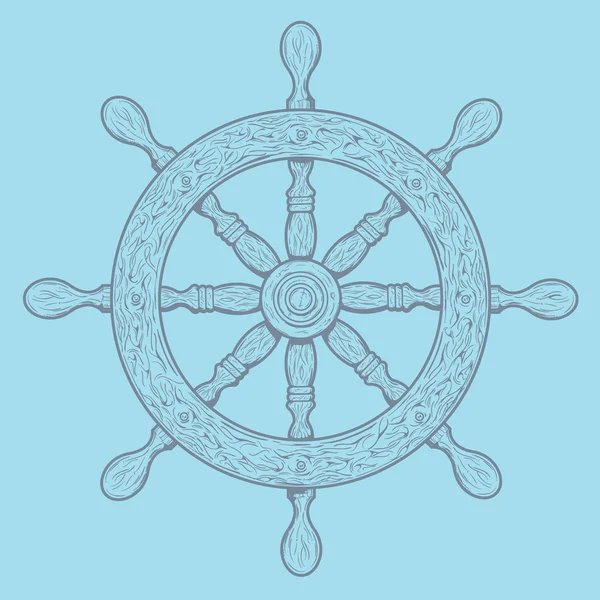 Esboços cinzentos detalhados leme náutico isolado no fundo azul. Elemento da nave. Ilustração vetorial . — Vetor de Stock