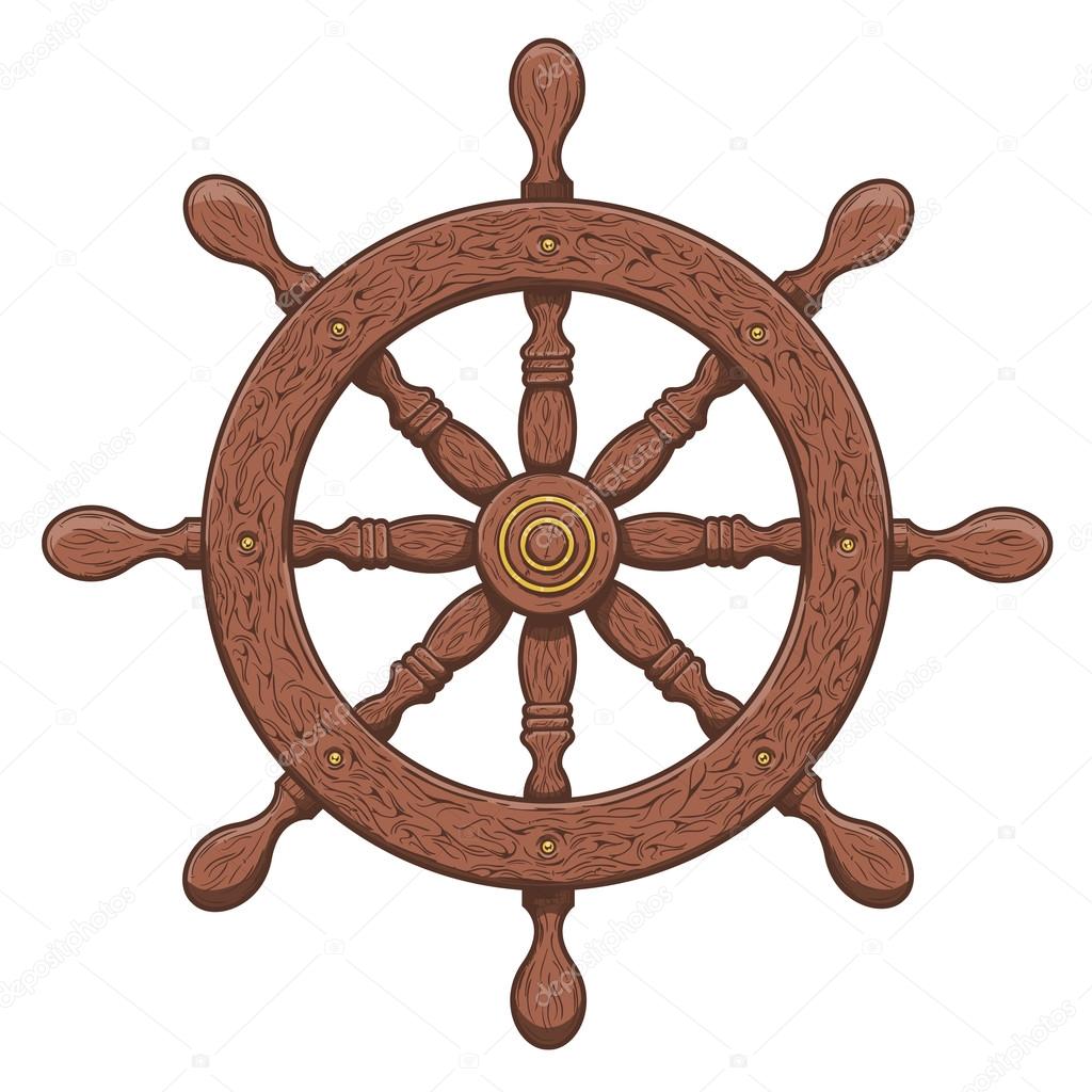 Detailed brown outlines nautical rudder isolated on white background. Ship element. Vector illustration.