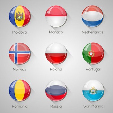 European flags set glossy buttons with long shadows. Vector illustration. Part 4 clipart
