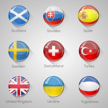 European flags set glossy buttons with long shadows. Vector illustration. Part 5 clipart