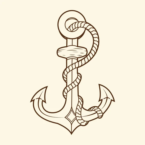 Nautical anchor with rope isolated on beige background. Brown outlines. Vector Illustration — Stock Vector