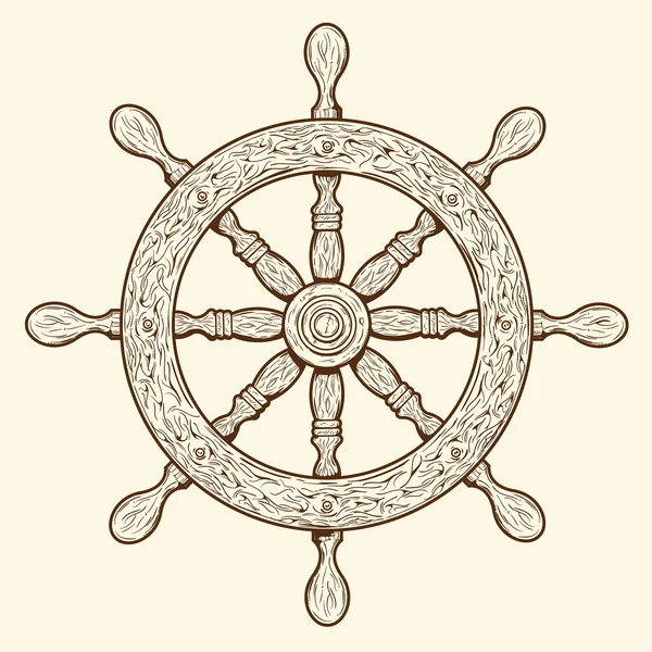 Esbozos marrones detallados timón náutico aislado sobre fondo beige. Elemento de nave. Ilustración vectorial . — Vector de stock