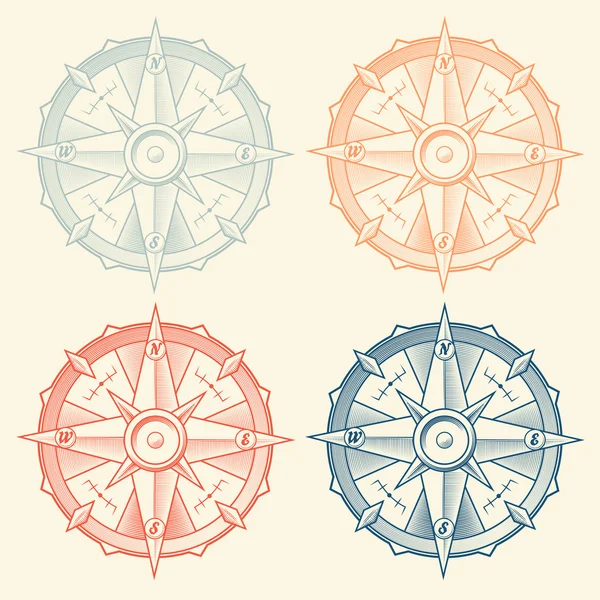 Set de brújulas gráficas vintage aisladas sobre fondo claro. Ilustración vectorial . — Archivo Imágenes Vectoriales