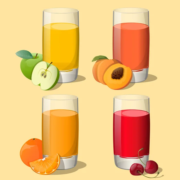 Conjunto de jugos en vaso (manzana, naranja, melocotón, cereza) aislados sobre fondo beige. Ilustración vectorial. Todos los objetos están en grupos y son fáciles de usar . — Archivo Imágenes Vectoriales