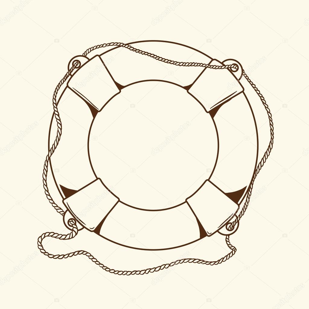 Detailed brown outlines nautical life buoy isolated on beige background. Ship element. Vector illustration.