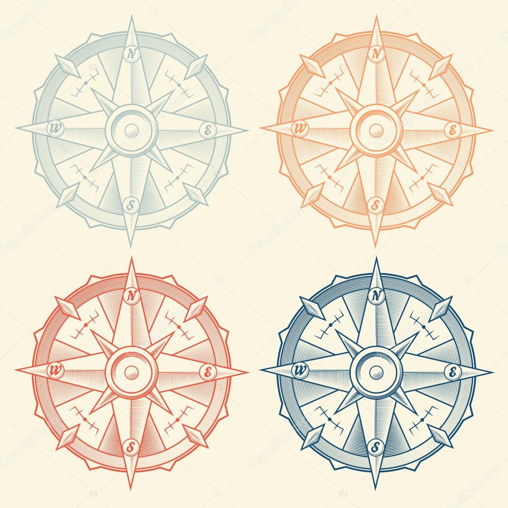 Set of vintage graphic compasses isolated on light background. Vector Illustration.