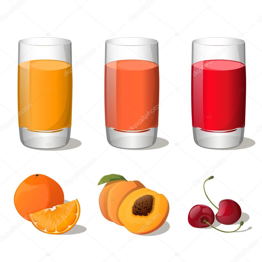 Set of juices in glass (orange, peach, cherry) isolated on white background. Vector Illustration. All fruits are in groups and easy to use.
