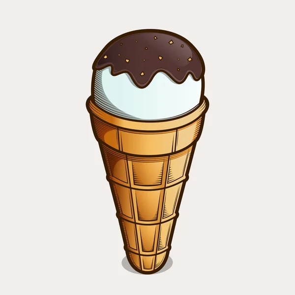 Detailed graphic vanilla ice cream cone isolated on light background. Brown outlines. Vector illustration. — Stock Vector