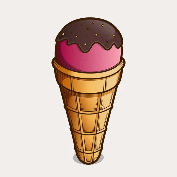 Detailed graphic strawberry ice cream cone isolated on light background. Brown outlines. Vector illustration. — Stock Vector