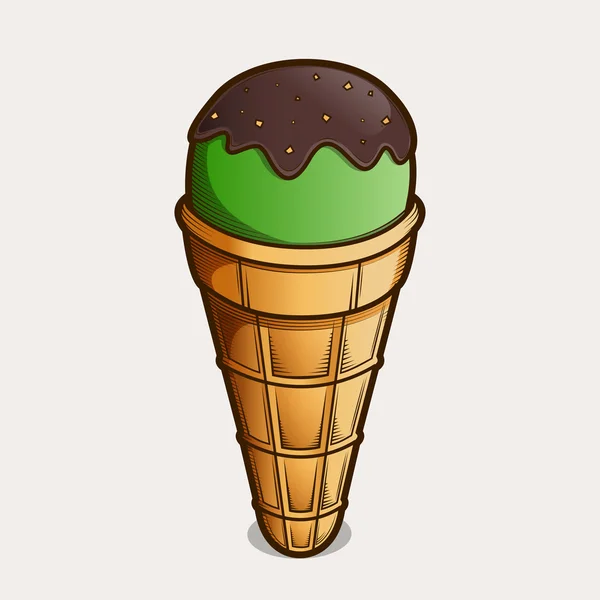 Detailed graphic pistachio ice cream cone isolated on light background. Brown outlines. Vector illustration. — Stock Vector